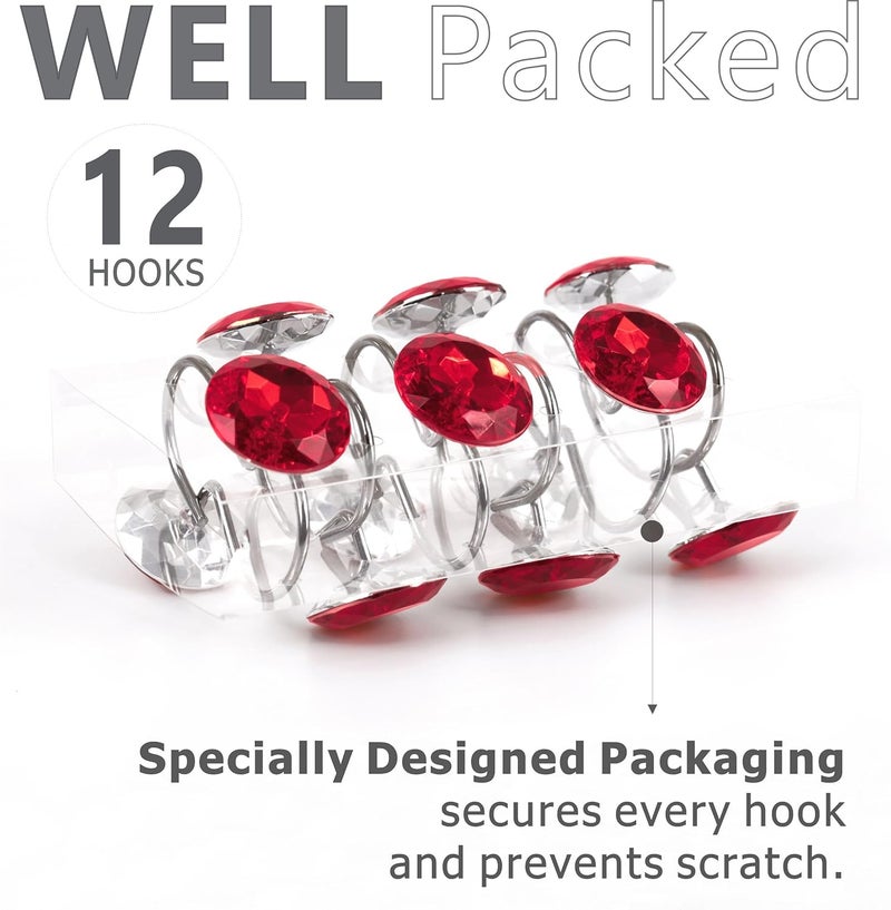 Popkozzi Red Crystal Shower Curtain Hooks: Bling Glitter Sparkle Shiny Round Diamond Decorative Shower Curtain Hooks for Bathroom - Luxury Fancy Glam Burgundy Rhinestones Curtain Rings & Hangers - Set of 12 - Image 5